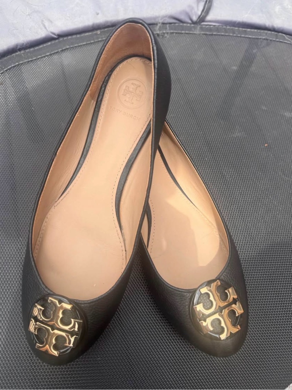 Tory Burch Black Leather Ballet Flats with Gold Logo